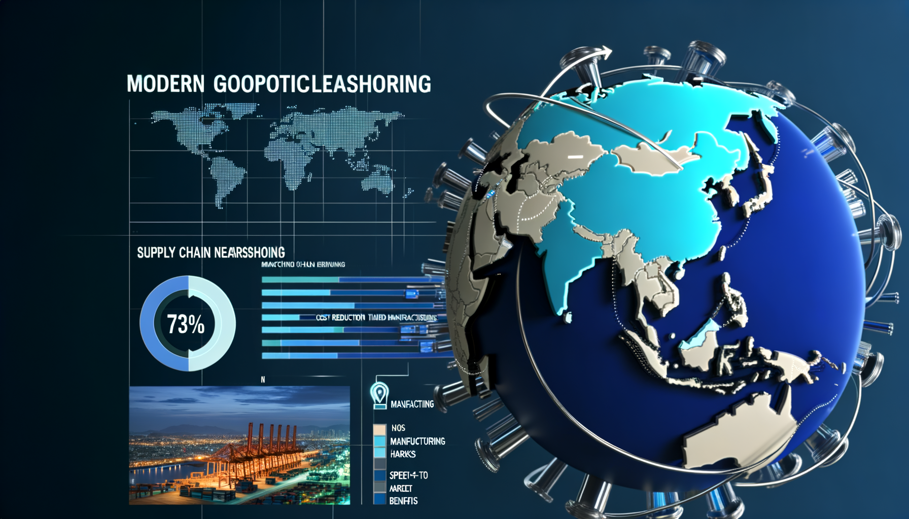 Professional Geopolitical Nearshoring in Supply Chains illustration showing Map highlighting emerging markets like Mexico, Vi
