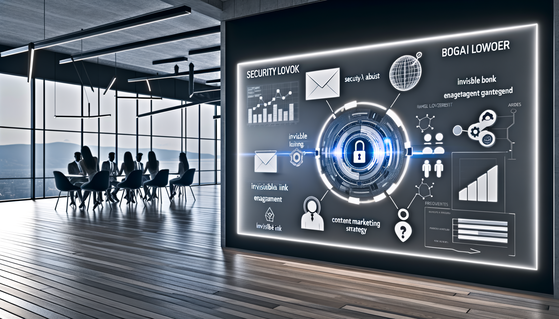 Professional Technology Overload in Business illustration showing Email interface with security bot icons, Graph showing fake