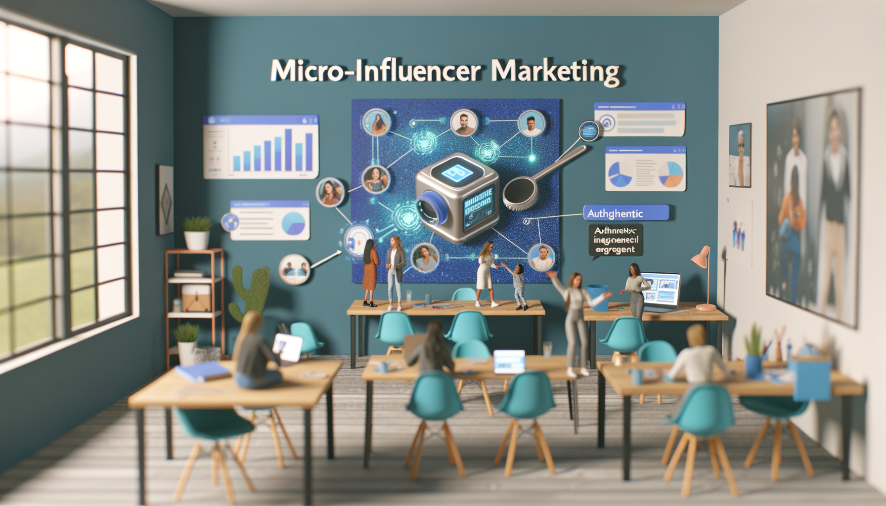 Professional Micro-Influencer Marketing illustration showing Micro-influencers engaging with products, AI-powered tools for i