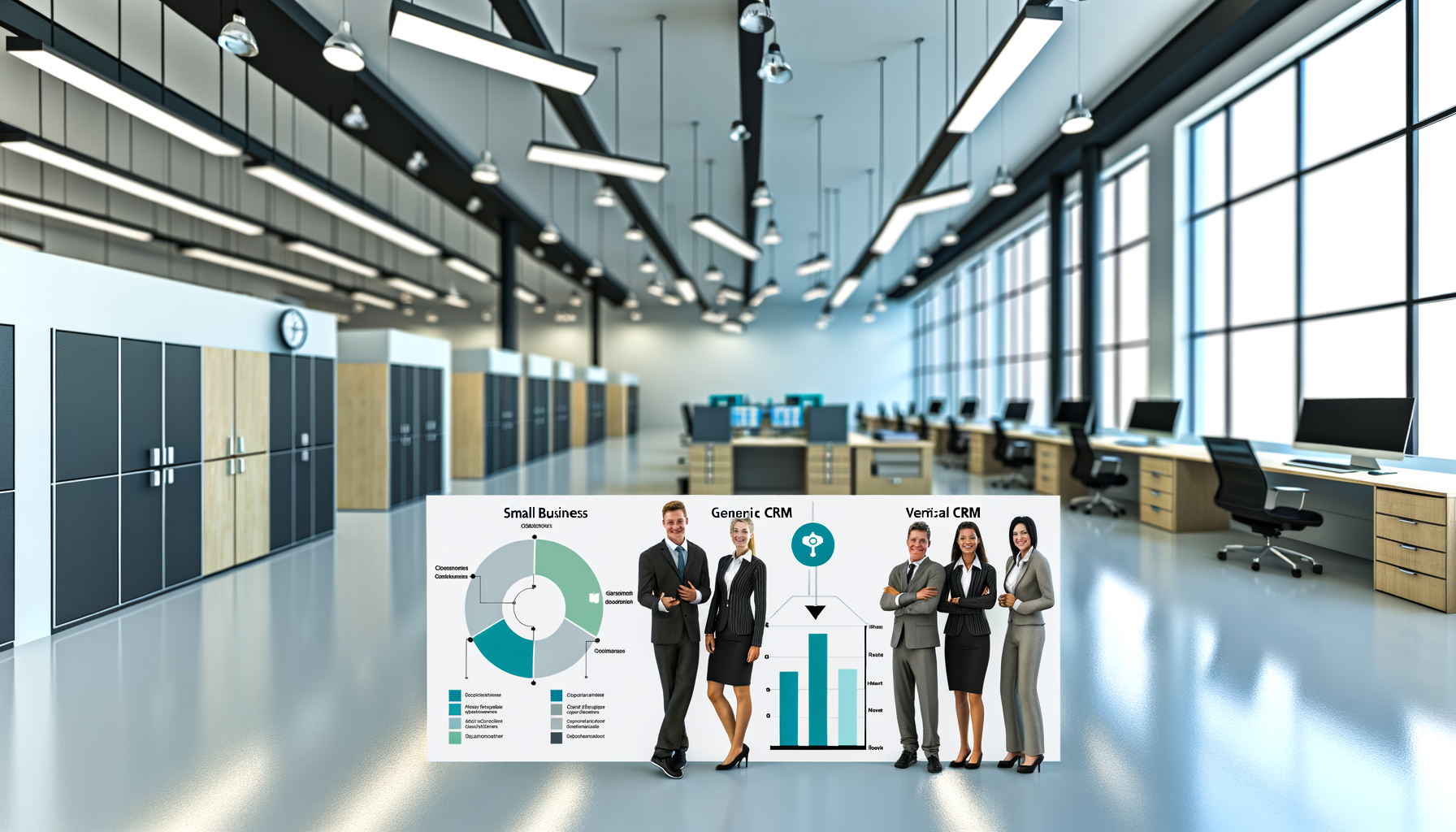 Professional Industry-specific CRM solutions illustration showing Small business office environment, CRM software interface r