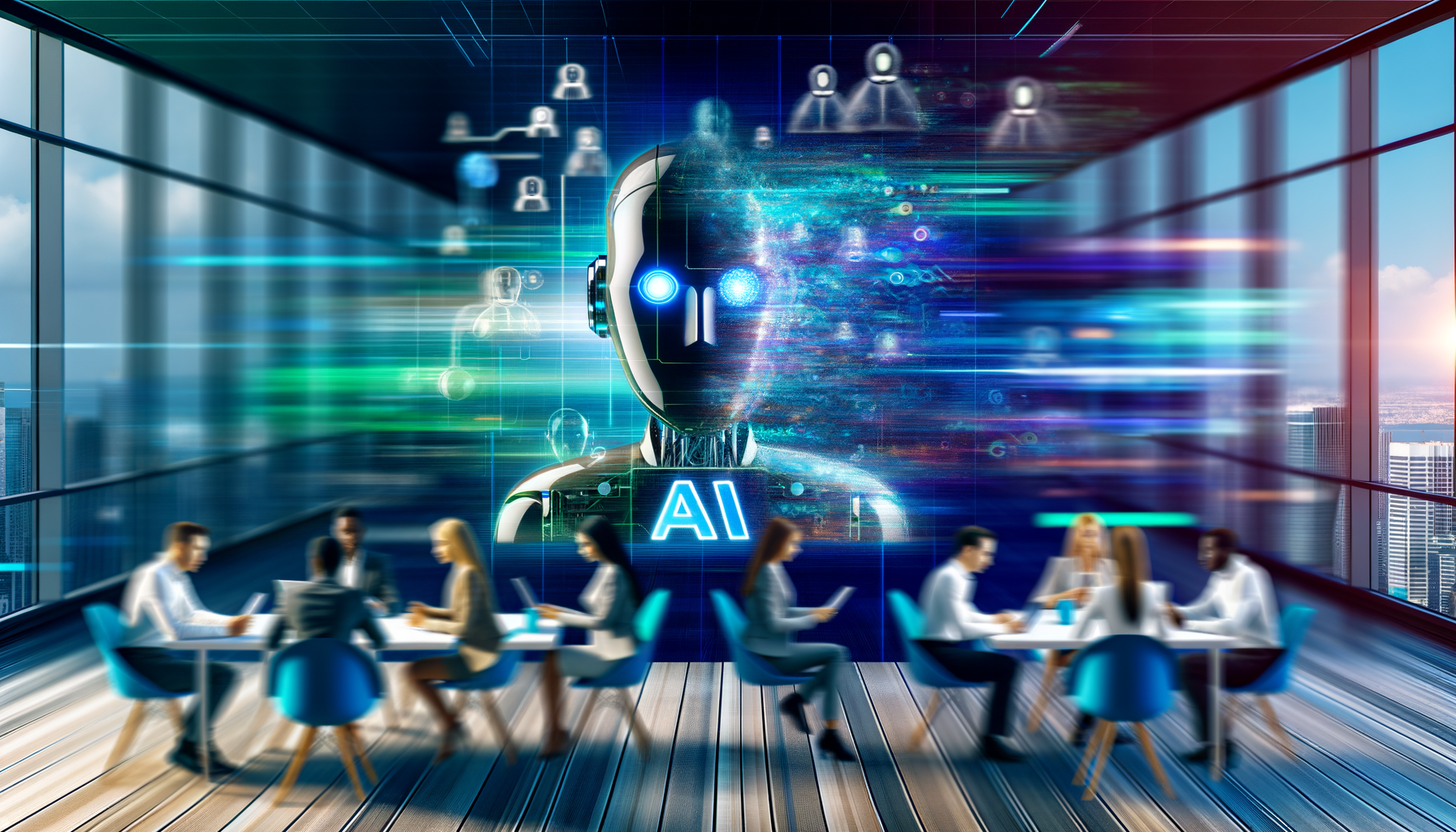 Professional Technology-Driven Business Innovation illustration showing AI algorithms visualized as futuristic graphics, Mobi