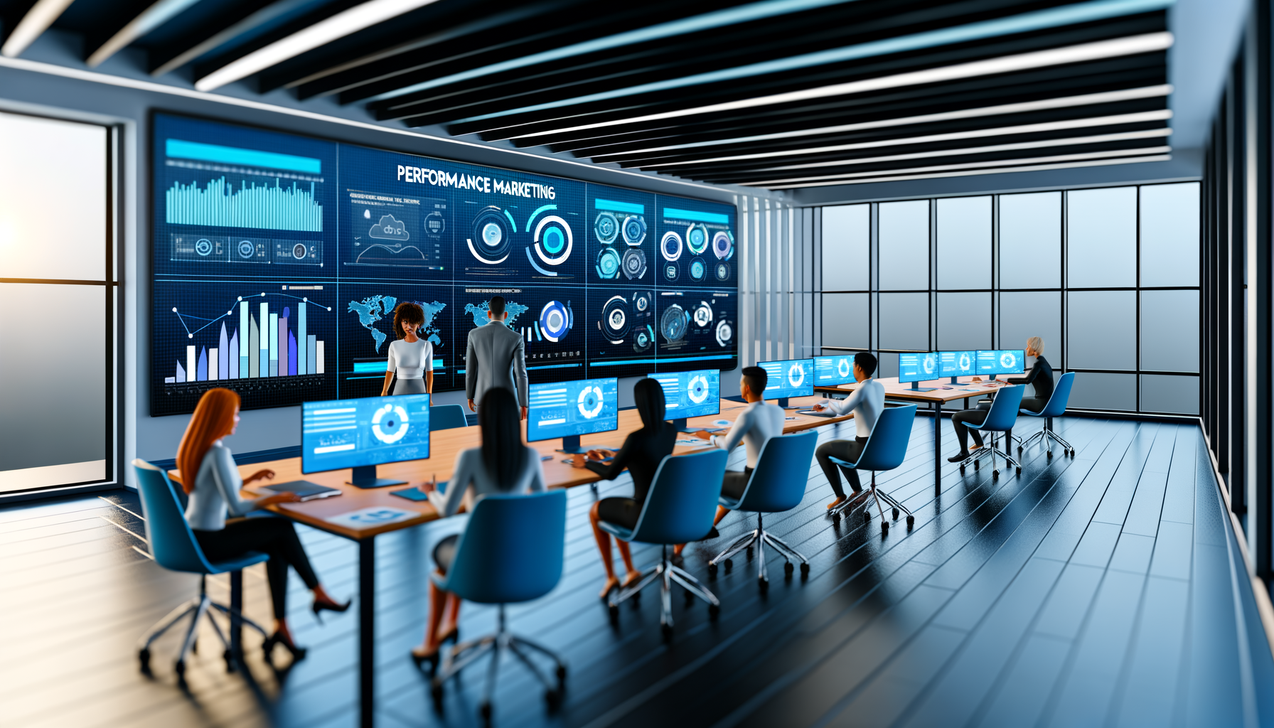 Professional Real-Time Marketing Optimization illustration showing Digital dashboards showing real-time data, Business profes