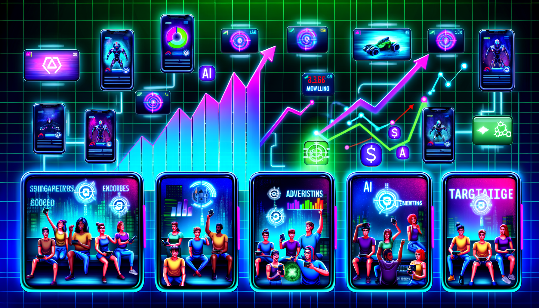 Professional Mobile Gaming Advertising illustration showing Gaming devices with mobile screens showing ads, Graphs illustrati