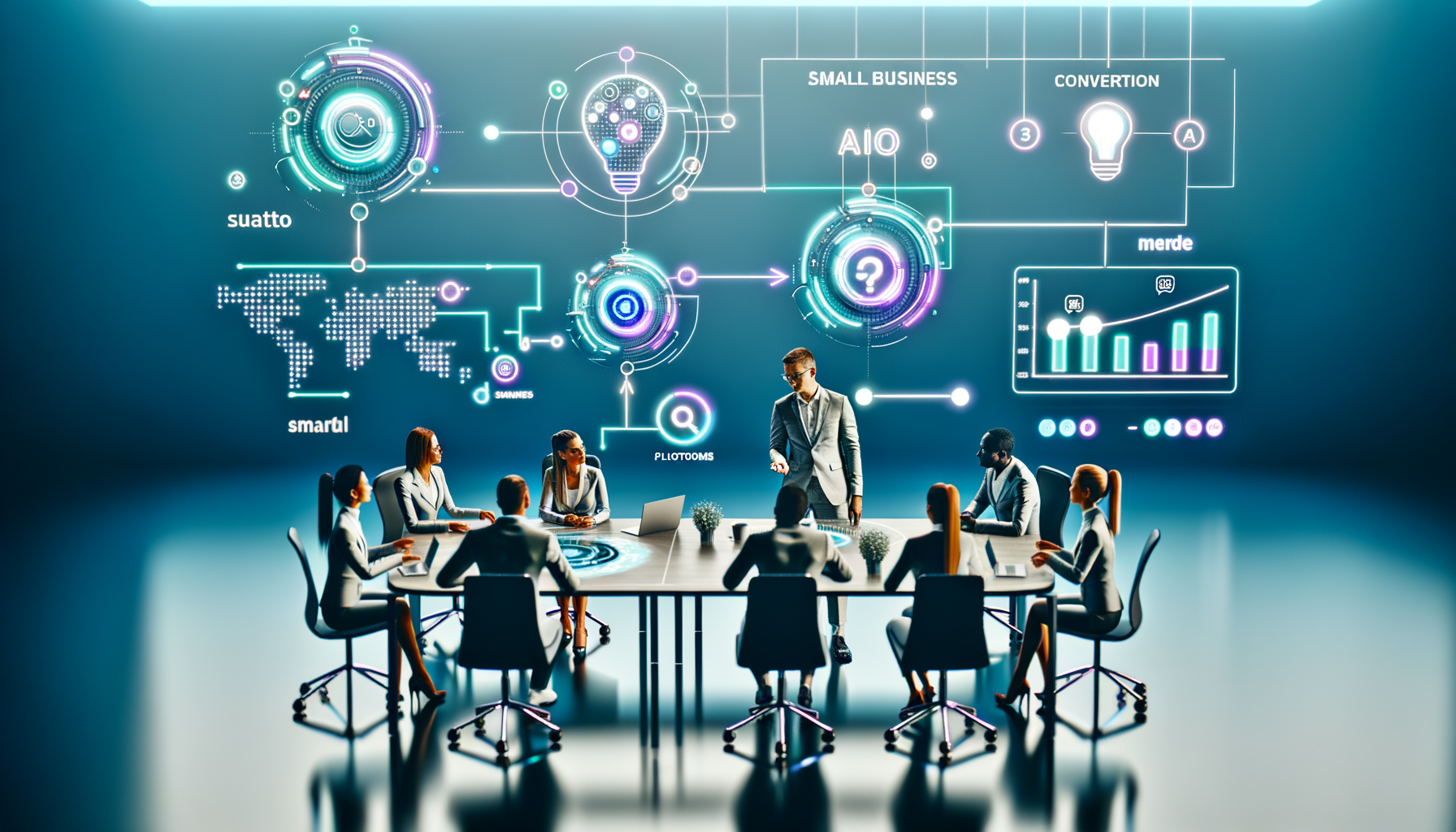 Professional Technology-driven Business Strategy illustration showing AI platforms interface, Small business team discussing 