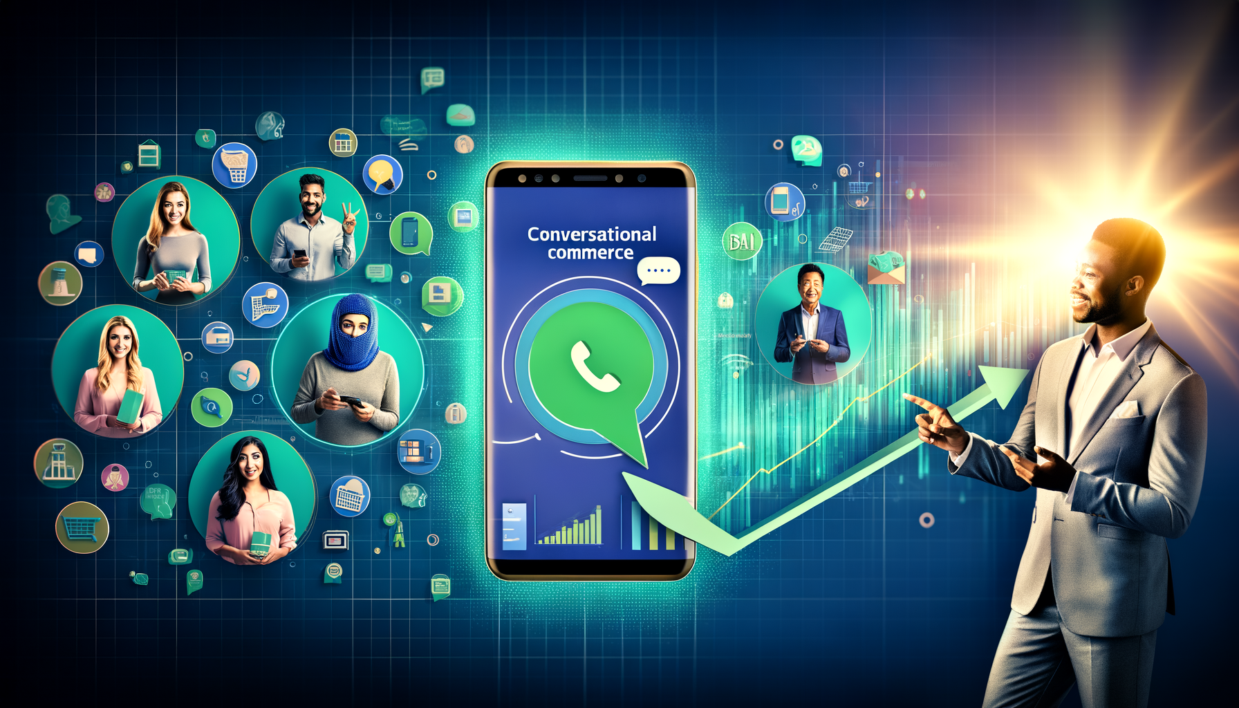 Professional Conversational Commerce illustration showing Messaging Apps Interface, Small Business Owner Interacting with Cus