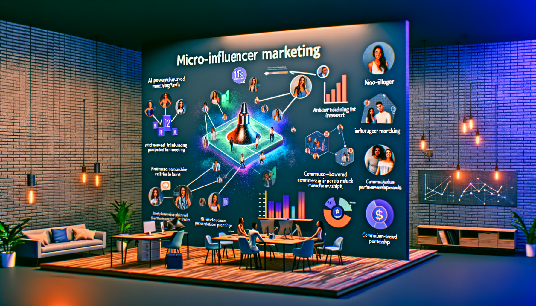 Professional Micro-Influencer Marketing illustration showing Micro-influencers engaging with followers, Graph showing 11X ROI