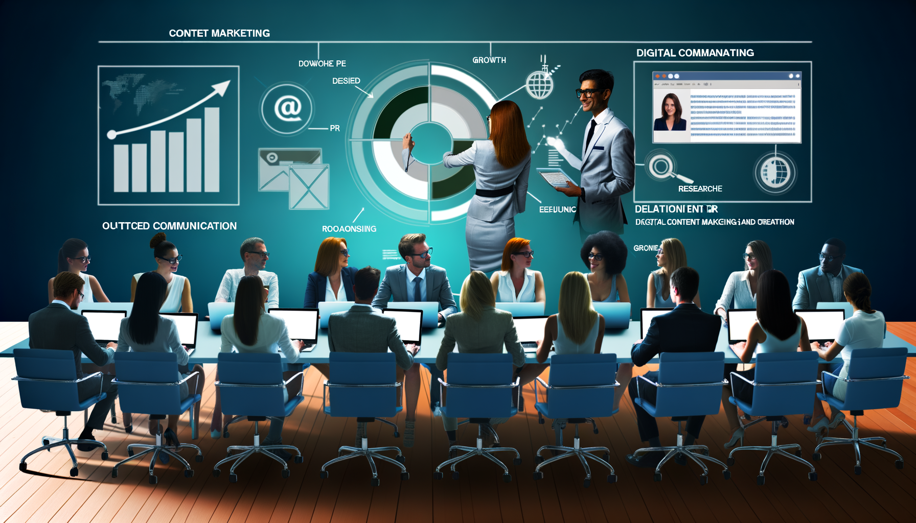 Professional Content Marketing and SEO illustration showing Content creators working collaboratively, Graphs and charts showi
