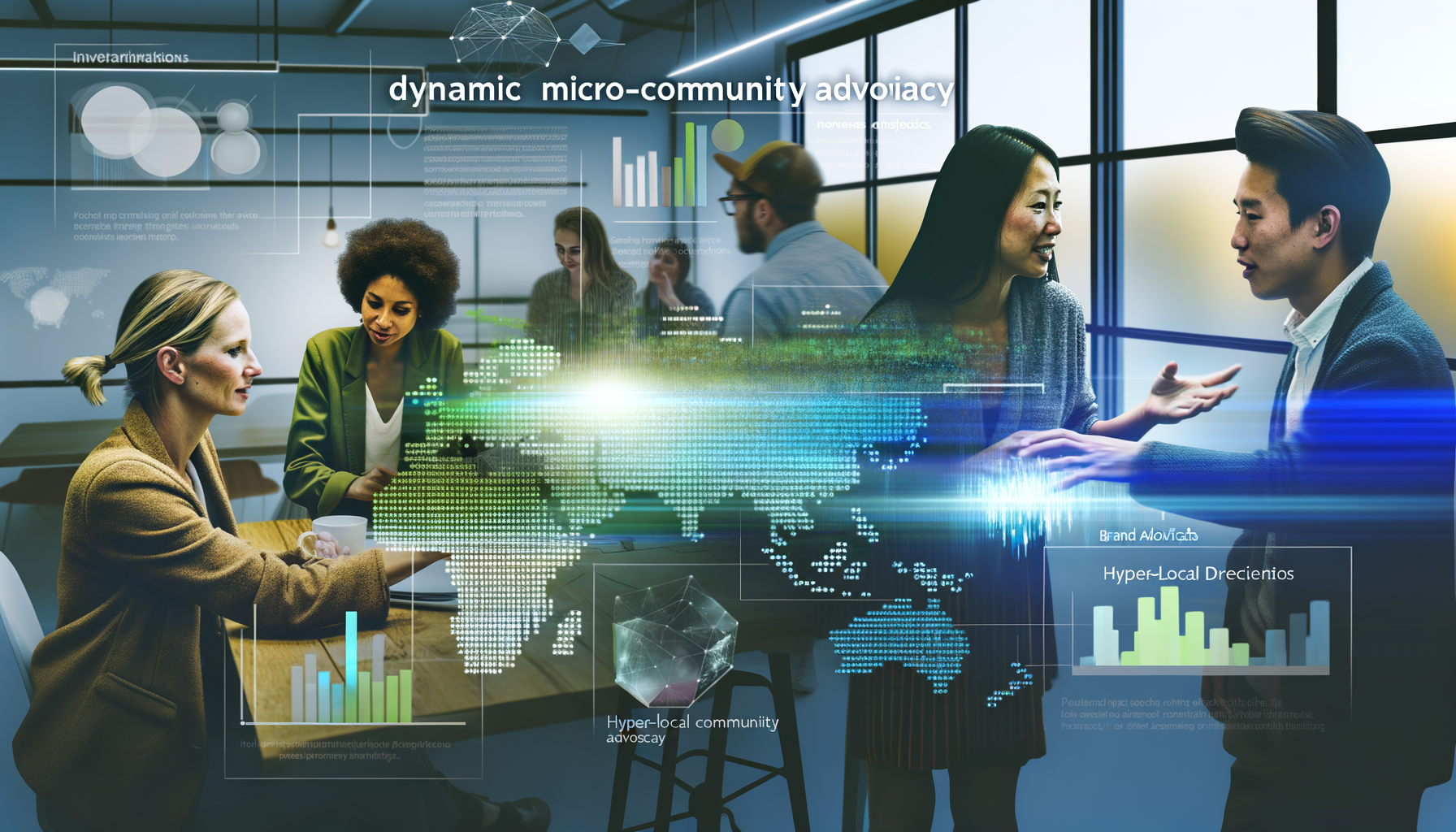 Professional Micro-Community Advocacy illustration showing Small group of diverse professionals collaborating, Data analytics