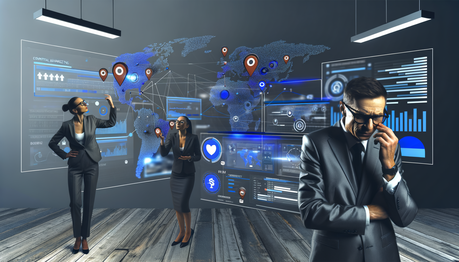 Professional Business Technology Disruption illustration showing Small business storefronts with digital interfaces, AI and d