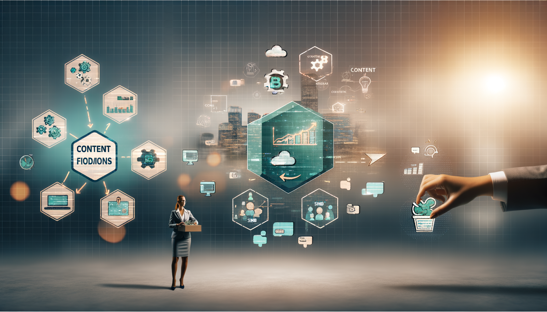 Professional Business Transformation through Content Operations illustration showing Small business team collaborating, Digit