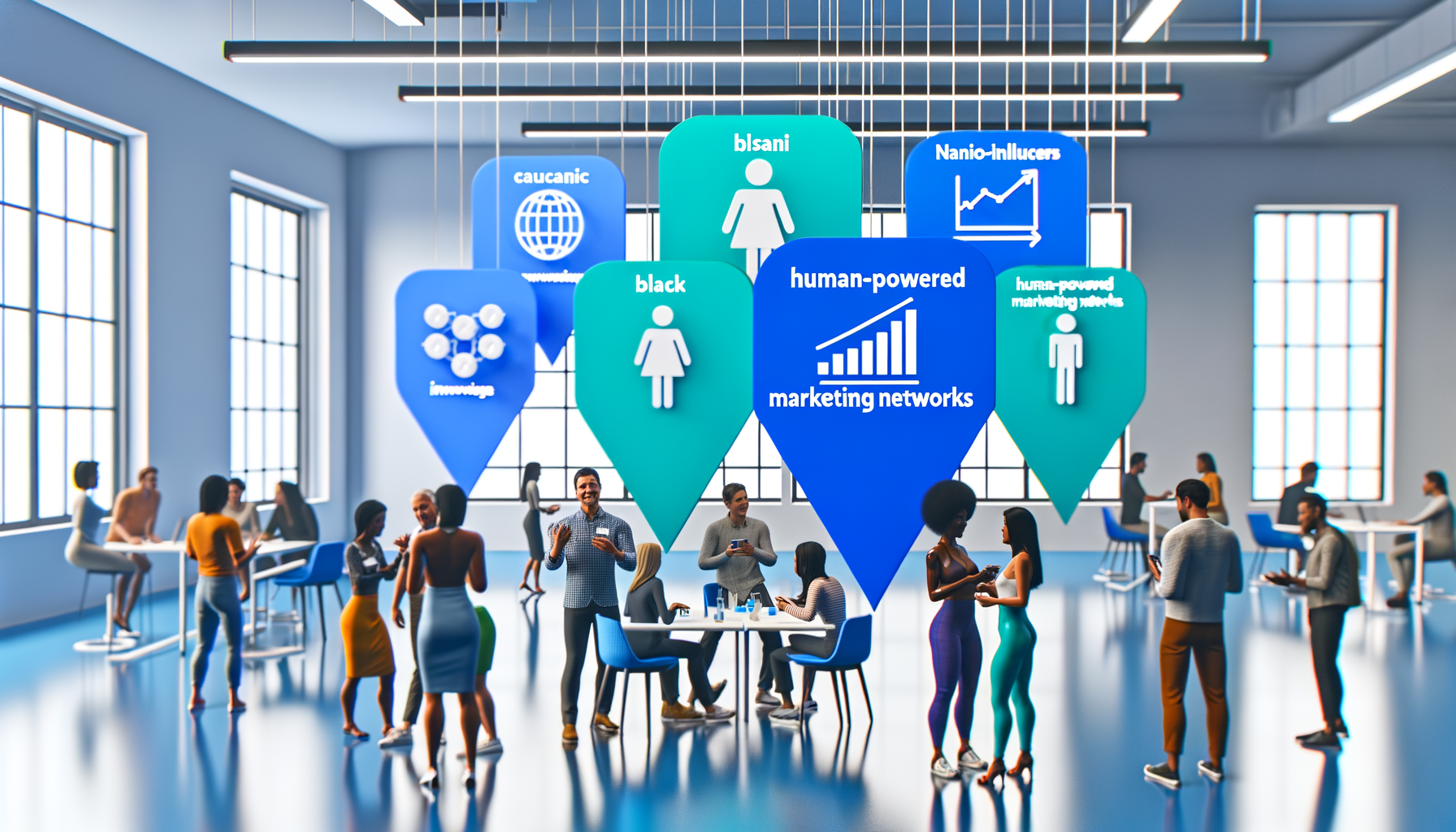 Professional People-powered marketing networks illustration showing Community advocates engaging in conversation, Smartphone 