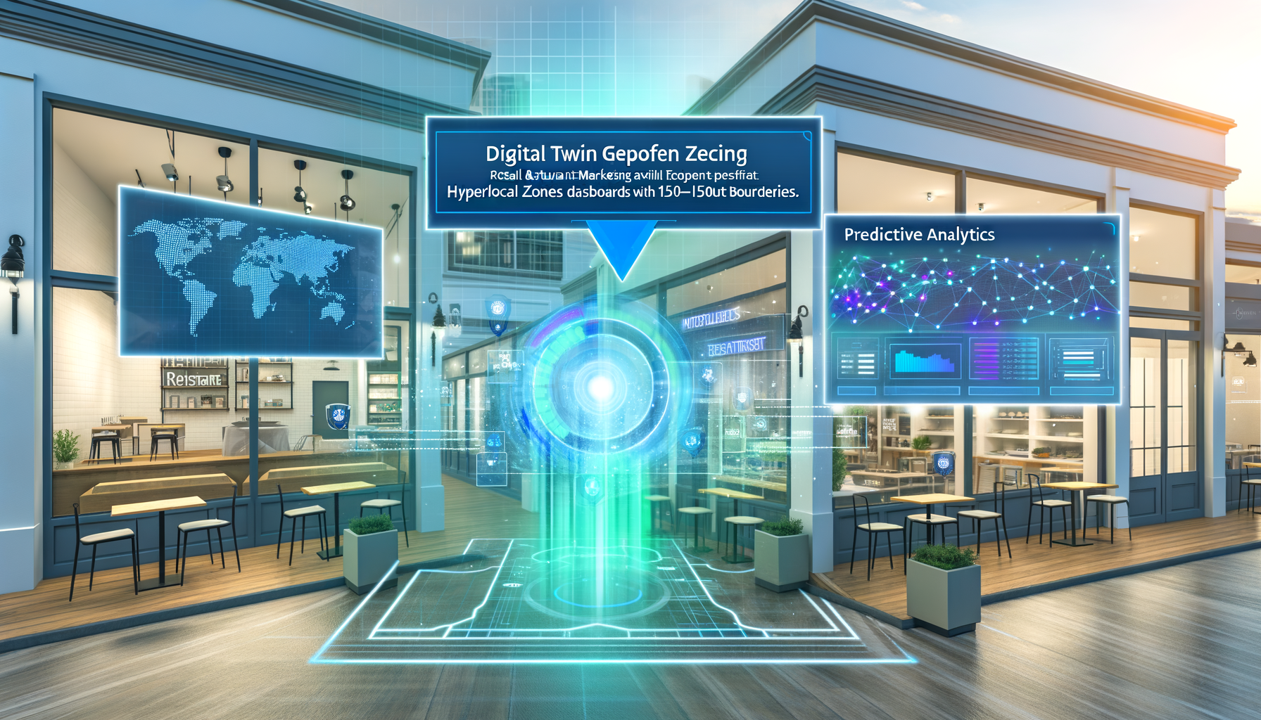 Professional Technology-driven Marketing Precision illustration showing Digital twin geofencing maps, Hyperlocal zones with 1