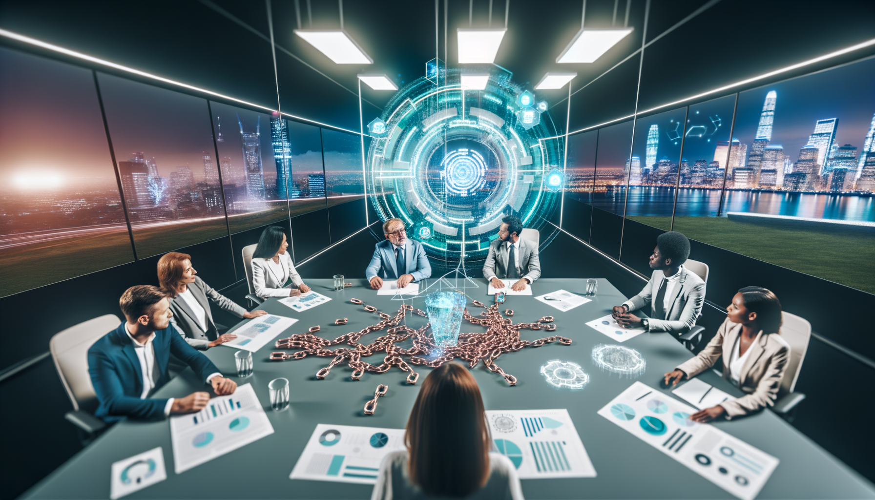 Professional Visionary Leadership in Content Marketing illustration showing A futuristic business meeting with diverse leader