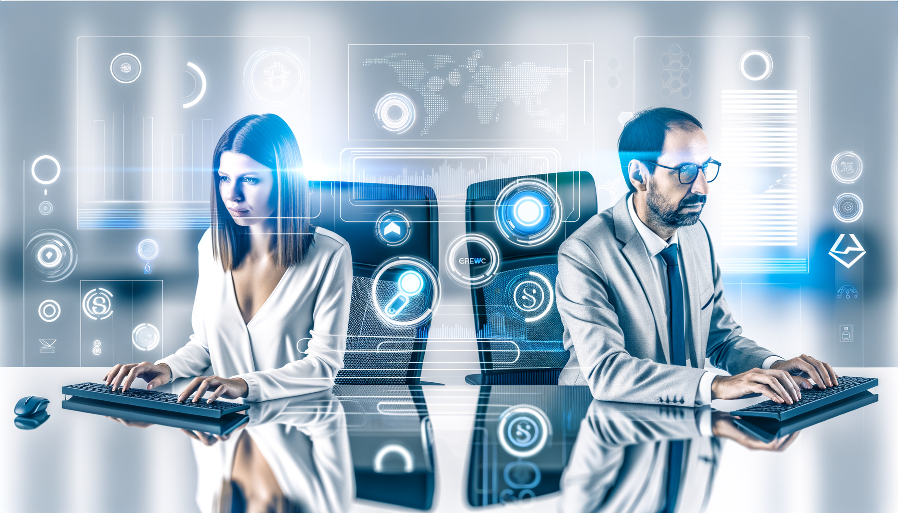 Professional Technology in Business illustration showing AI-driven search interfaces, Business professionals analyzing data r