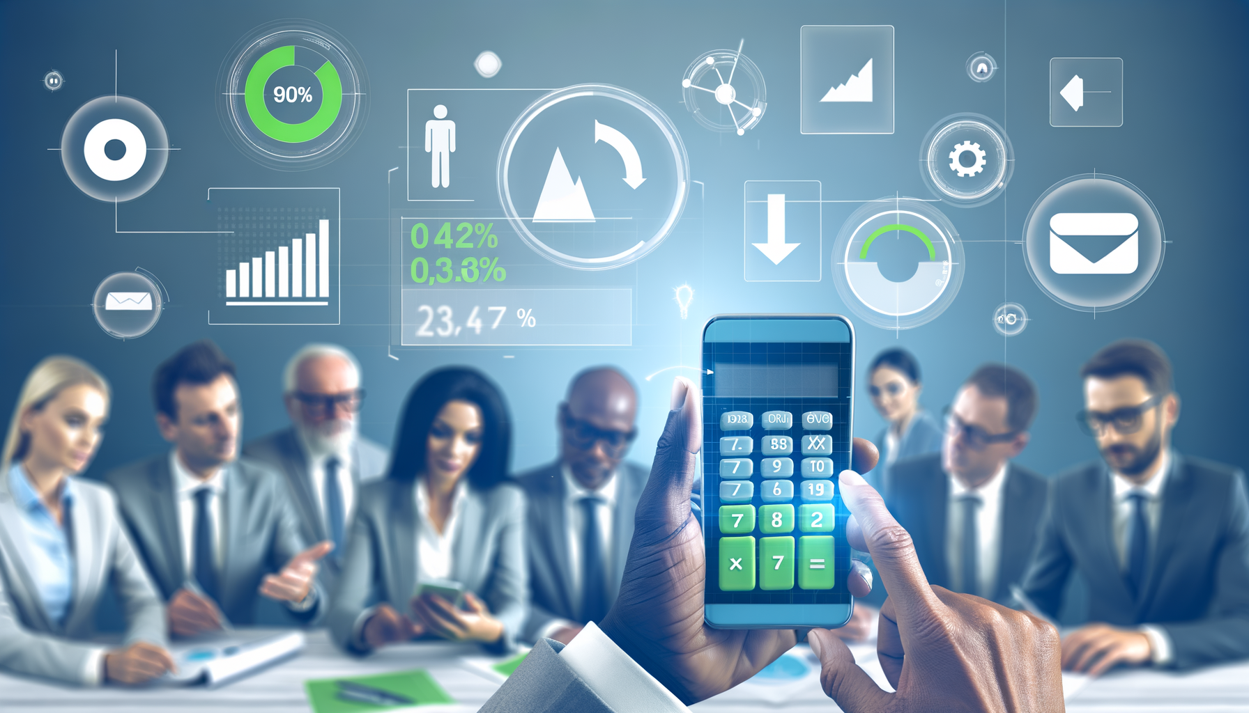 Professional Interactive Technology in Business illustration showing Interactive calculator interface, Business professionals