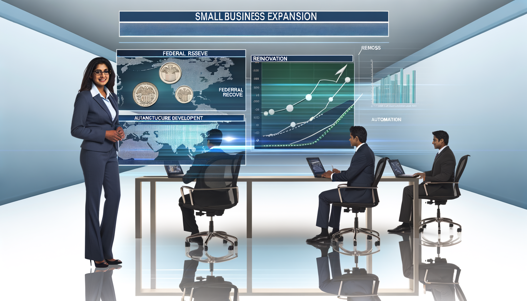 Professional Business Expansion Opportunities illustration showing Federal Reserve rate charts, Small business owners in a pl