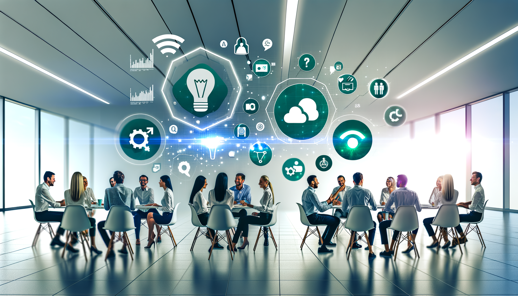 Professional Employee Advocacy in Business illustration showing Diverse employees engaging in discussions, Digital networks o