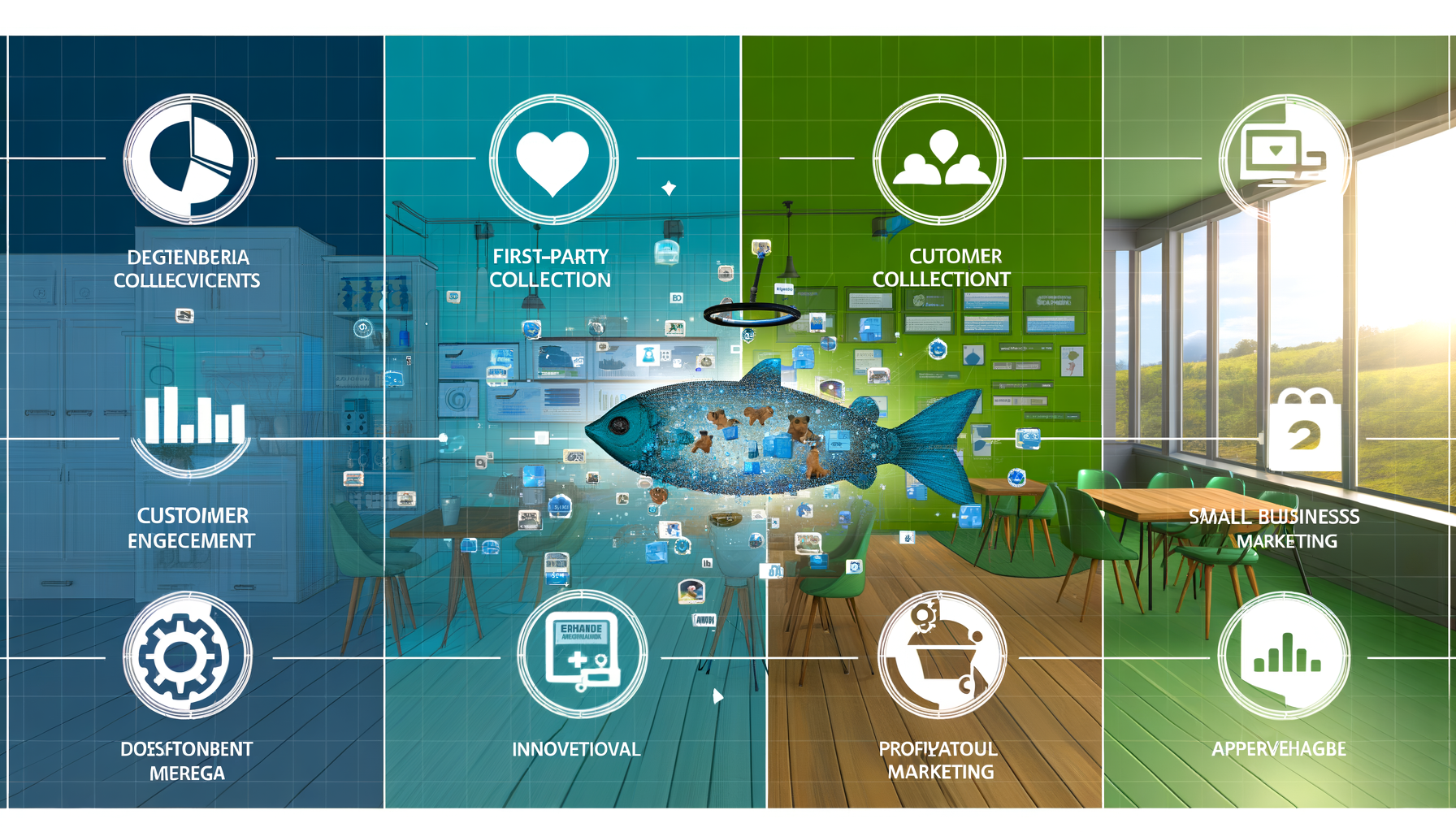 Professional Data-Driven Marketing illustration showing First-party data collection tools, Customer engagement metrics relate
