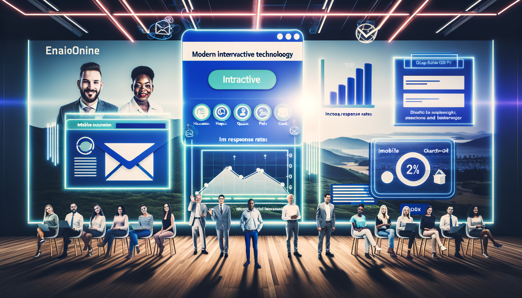 Professional Interactive Technology in Business illustration showing Email interface with interactive elements like quizzes a