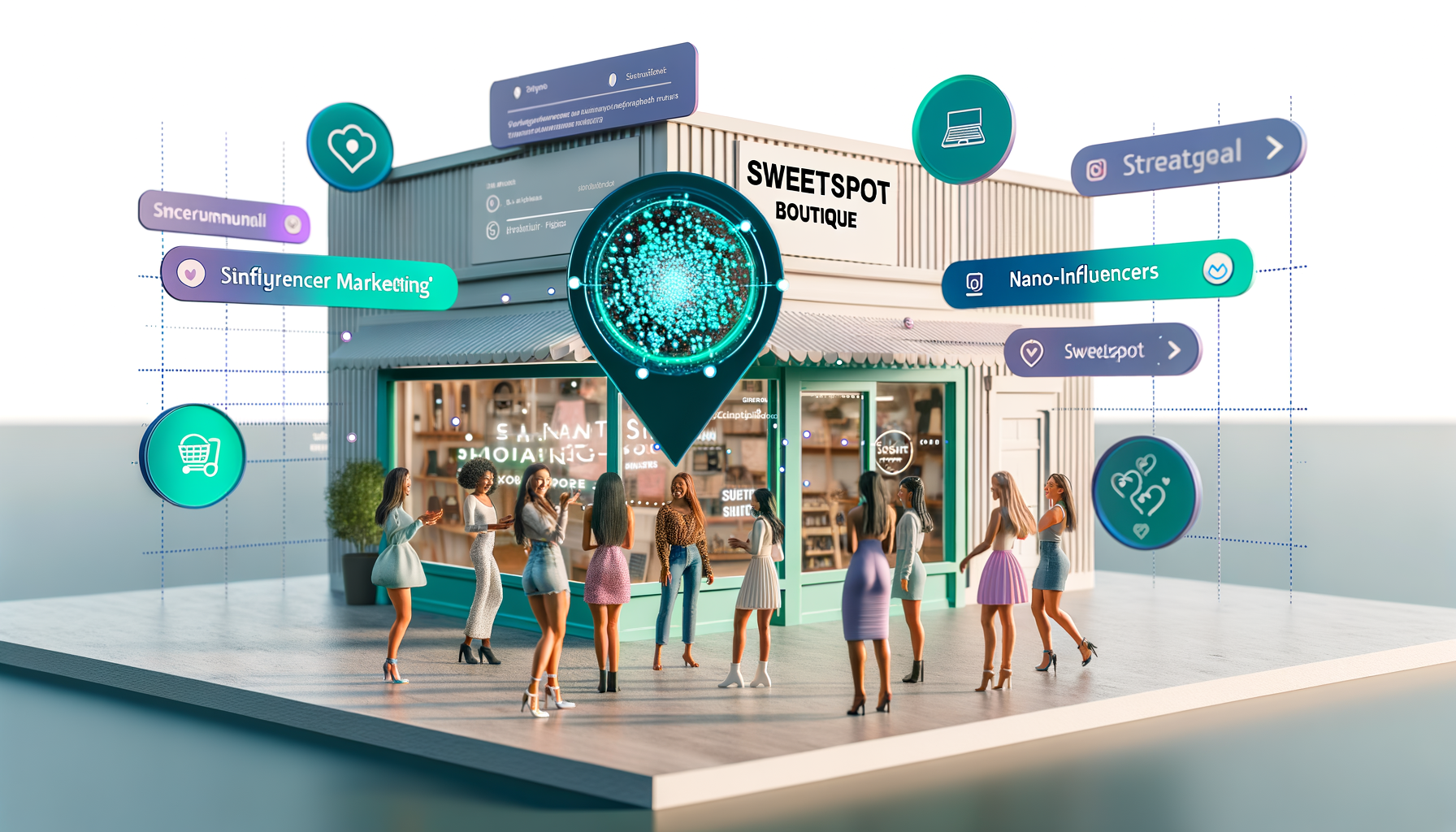 Professional Influencer Marketing in Small Business illustration showing Nano-influencers engaging with community, SweetSpot 
