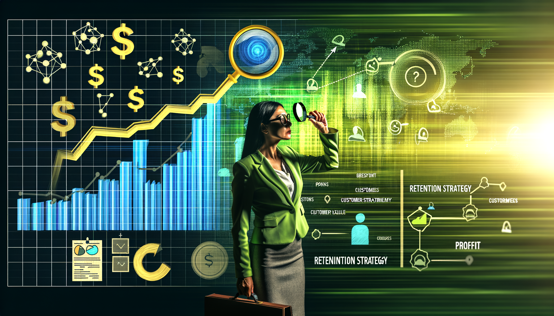Professional Business Strategy Transformation illustration showing Graph showing CLV growth, Businessperson analyzing data re