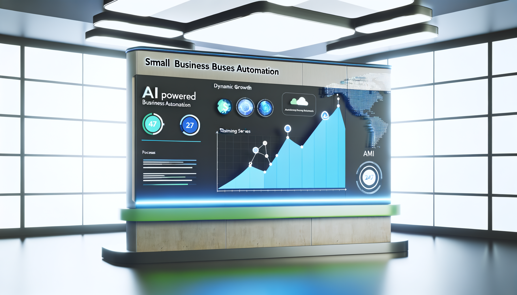 Professional AI-powered business automation illustration showing AI-driven dashboard interface, small business setting relate