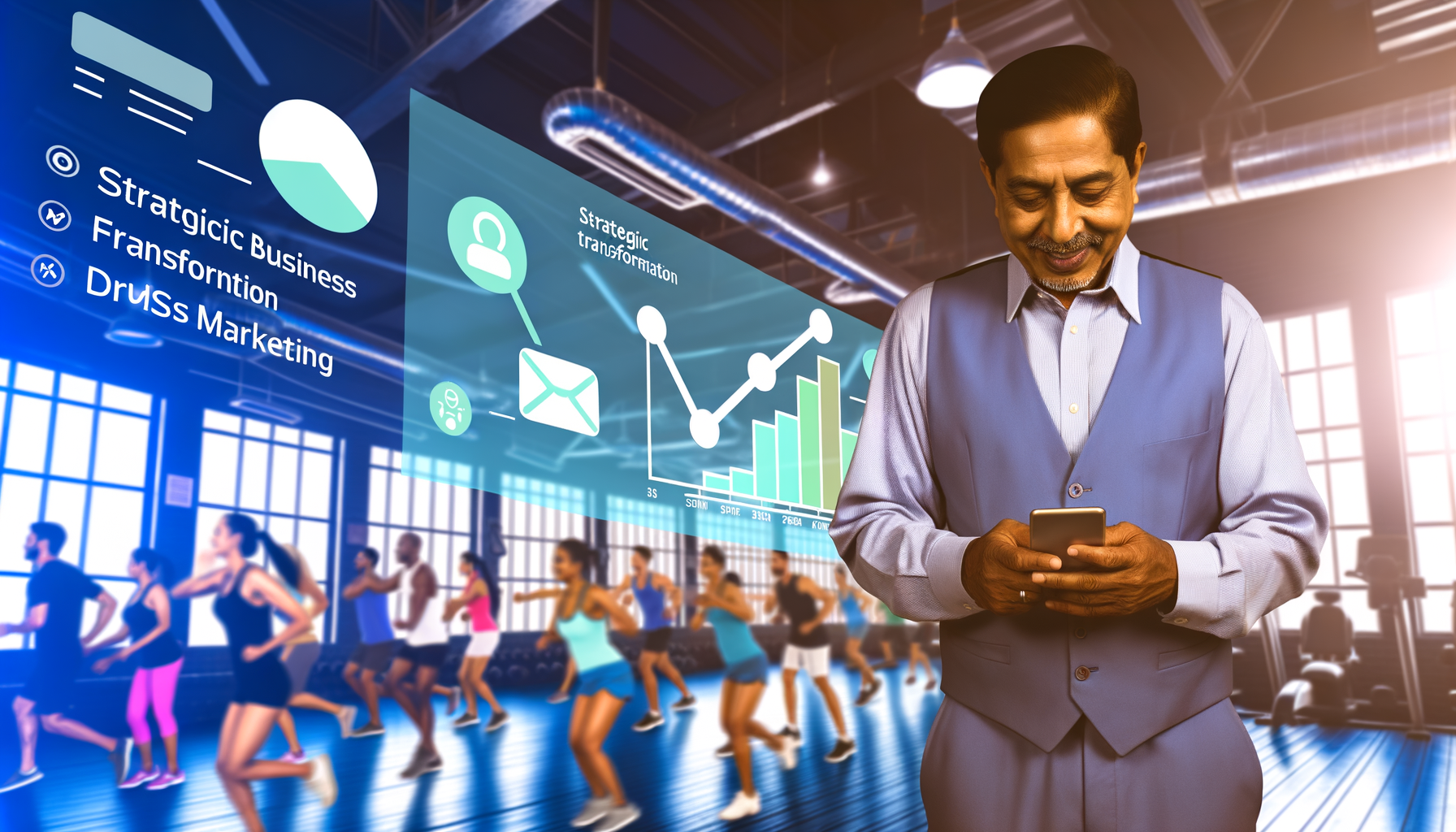 Professional Business Transformation through SMS Marketing illustration showing Small business owner using a smartphone, Fitn