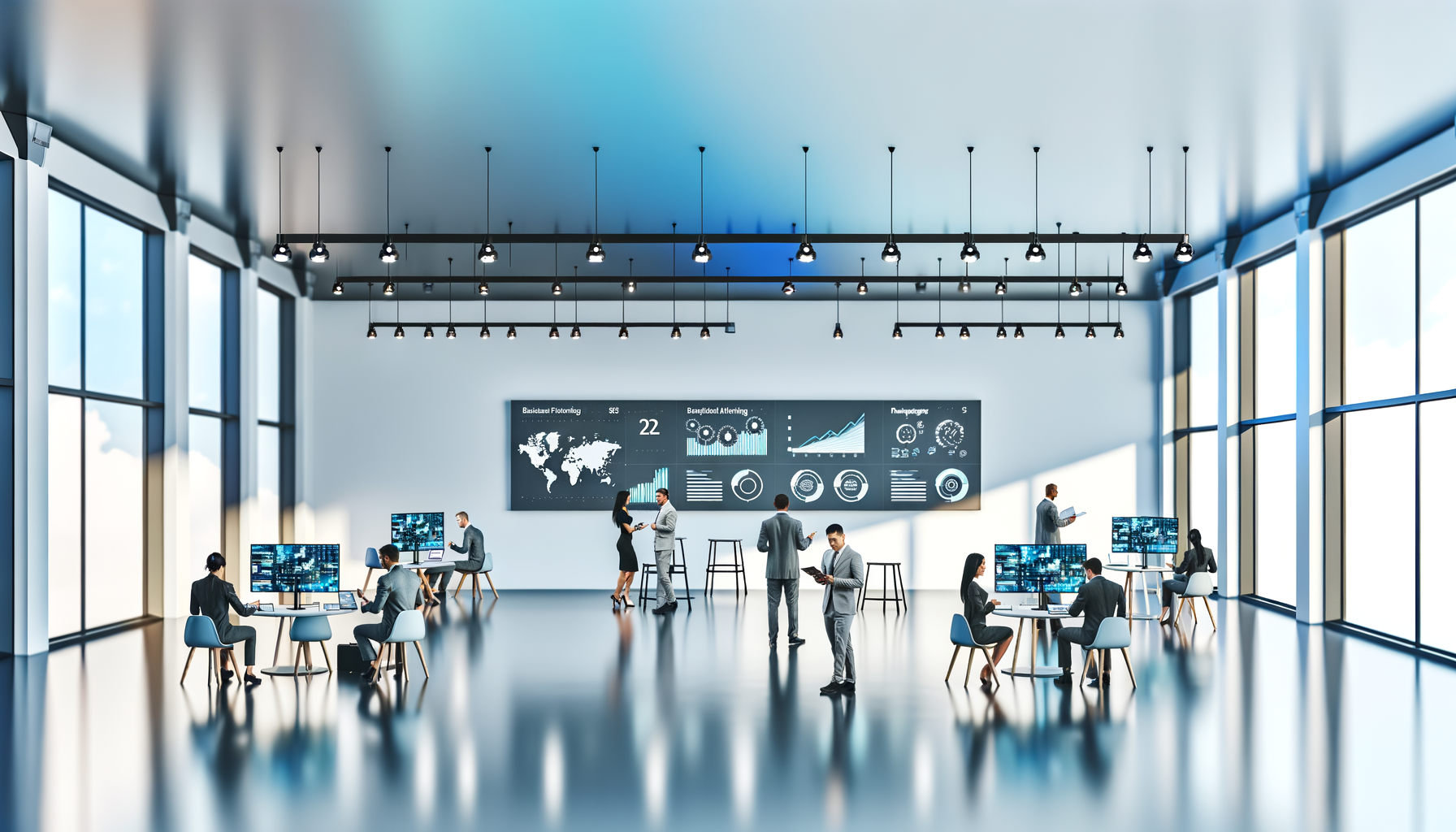 Professional Business Communication illustration showing Business professionals engaging in a discussion, Digital screens dis