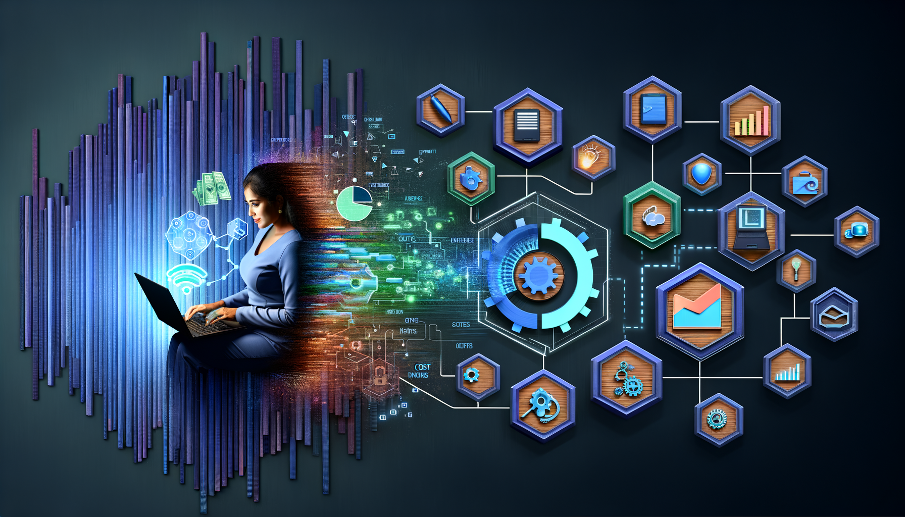 Professional Business Technology illustration showing Small business owner working on a laptop, Modular technology components