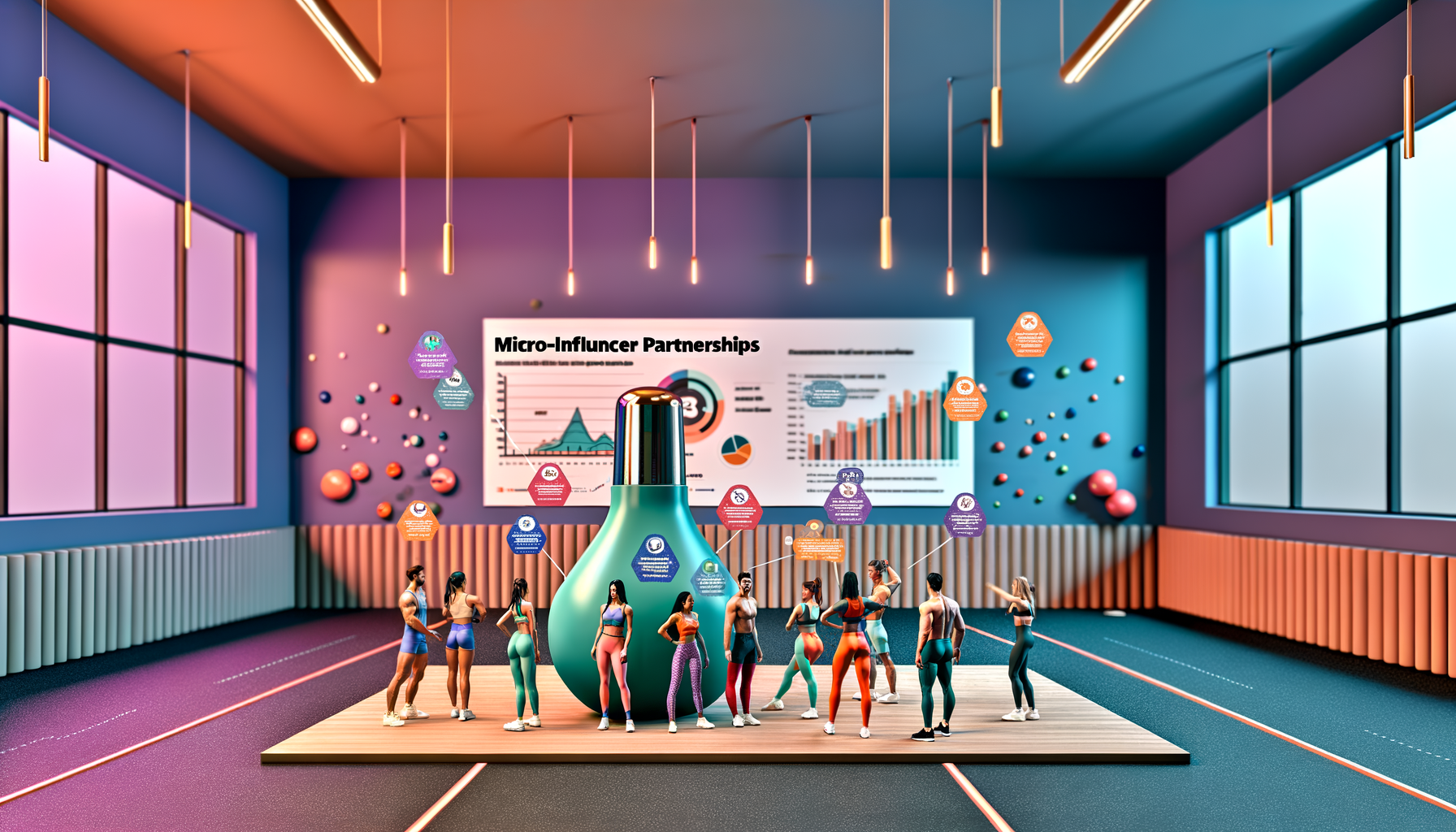 Professional Micro-Influencer Partnerships in Fitness Business illustration showing Boutique fitness studio setting, Micro-in