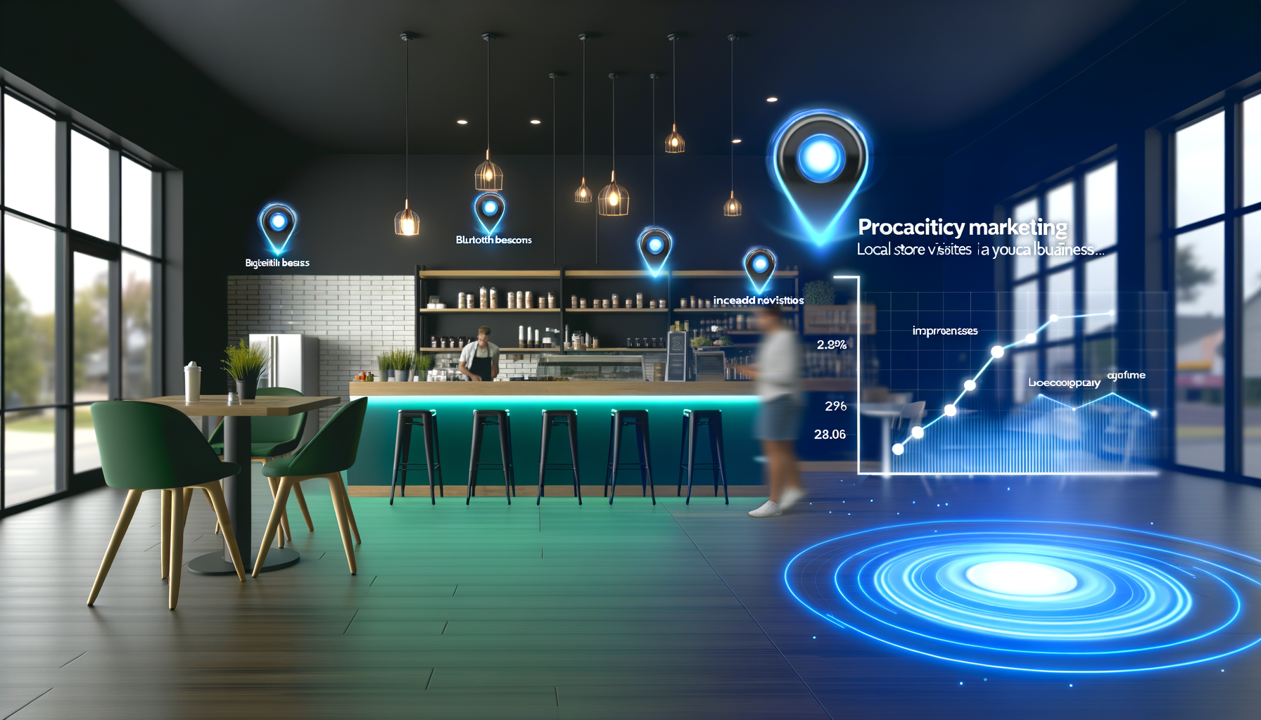 Professional Proximity Marketing in Local Business illustration showing Bluetooth beacons, Mobile notifications related to Sm