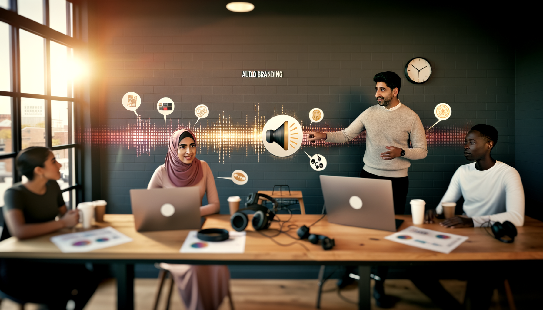 Professional Small Business Audio Branding illustration showing Local coffee shop with audio equipment, Entrepreneurs using A