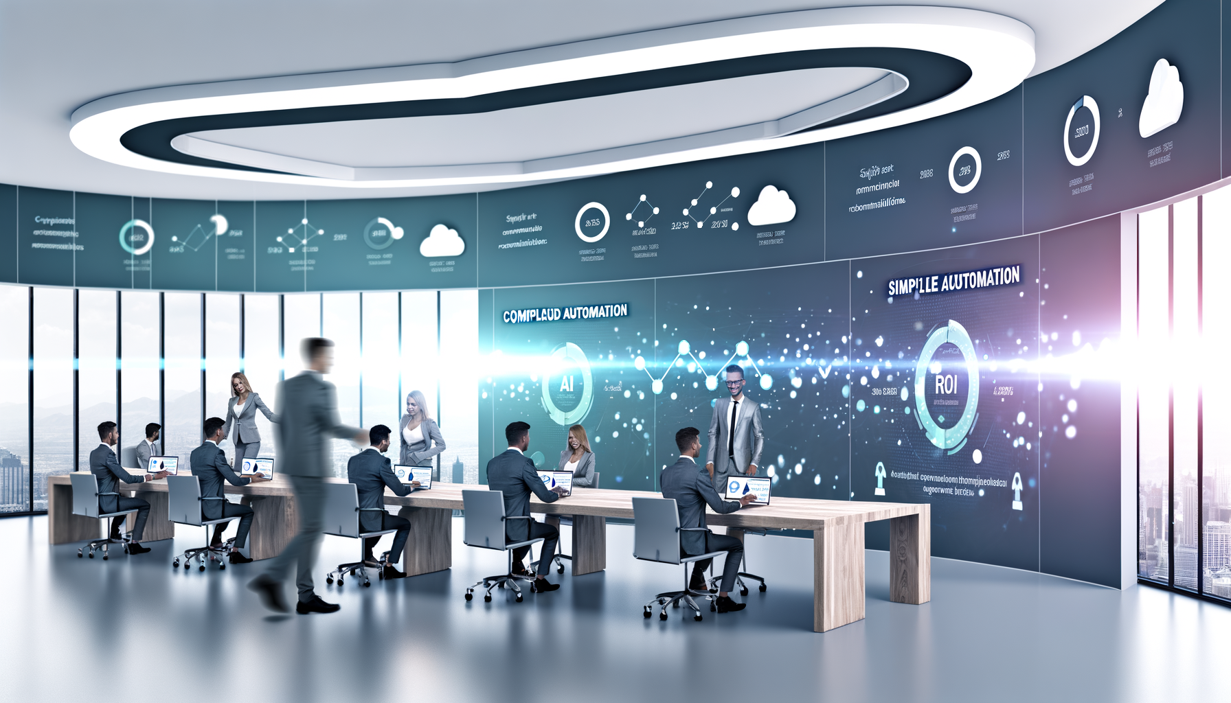 Professional Business Automation illustration showing Small business owners interacting with a simple automation dashboard, A