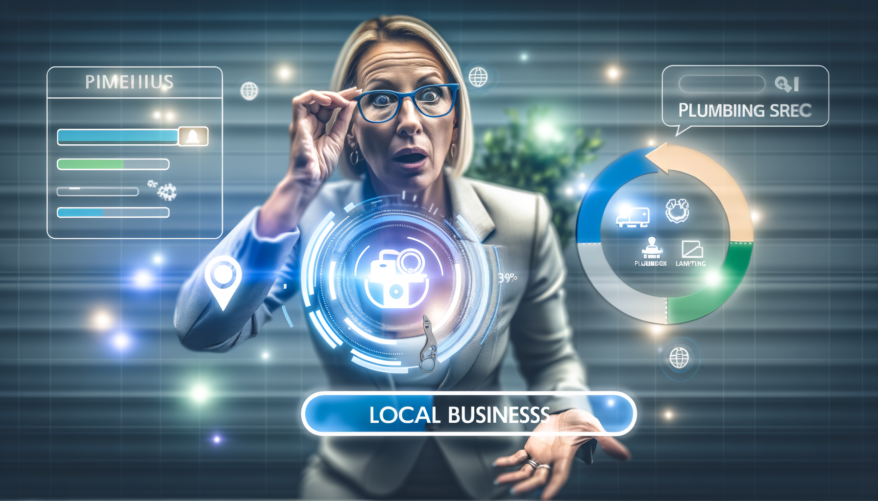 Professional Technology in Local Business illustration showing AI interface displaying local business search results, Small b