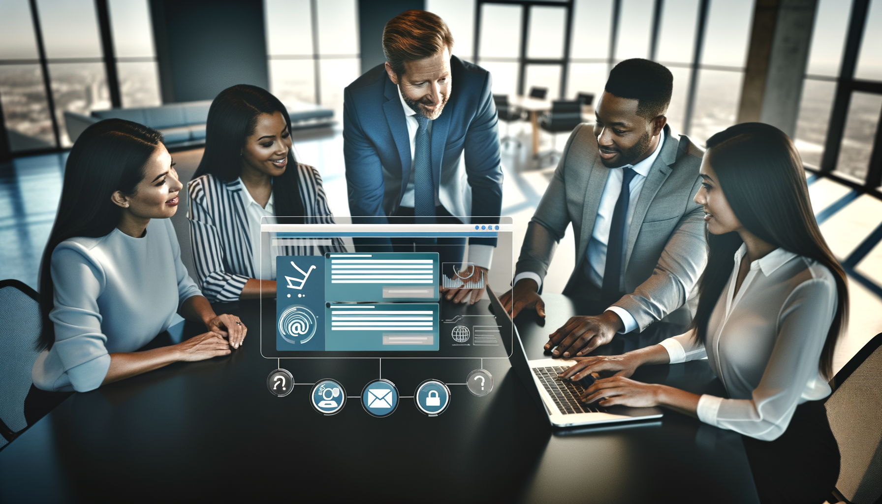 Professional Business Technology Integration illustration showing Email interface with authentication indicators, Small busin