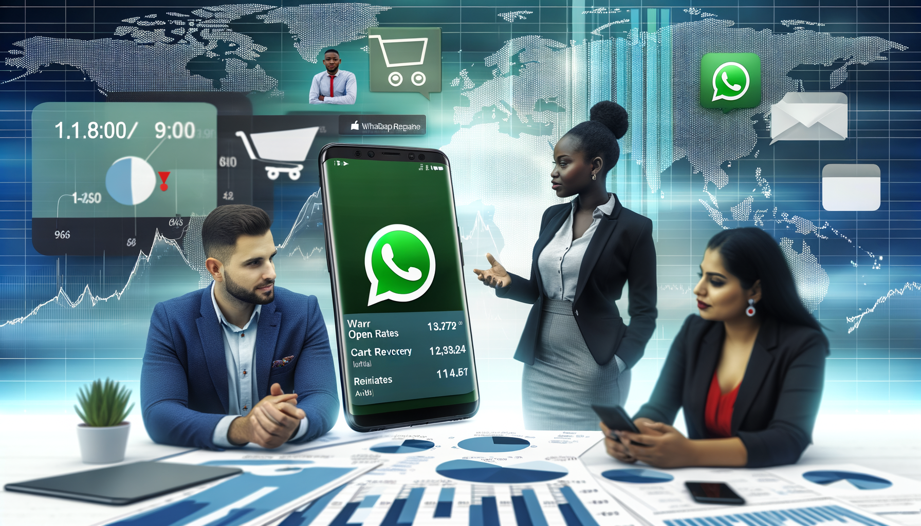 Professional Digital Communication Revolution illustration showing Smartphones with WhatsApp interface, Graph showing open ra