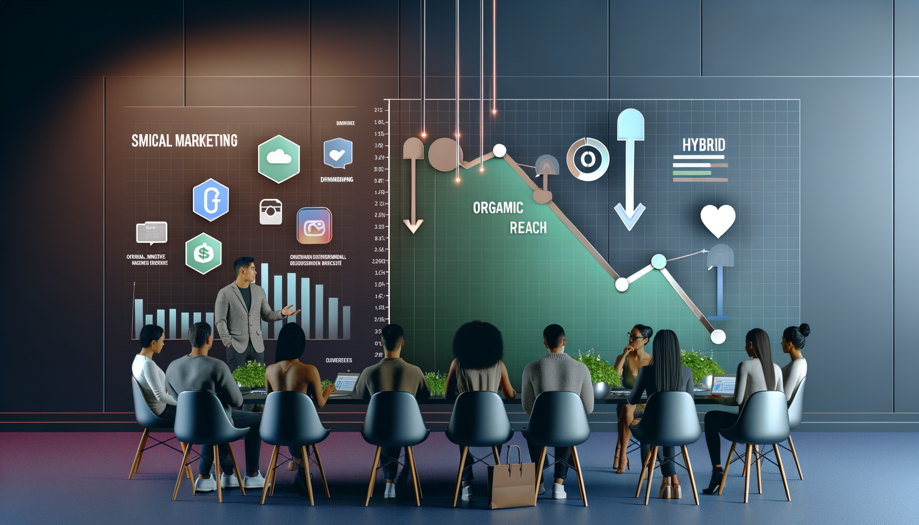 Professional Business Strategy Shift illustration showing Graphs and Charts showing decline in organic reach, Small business 