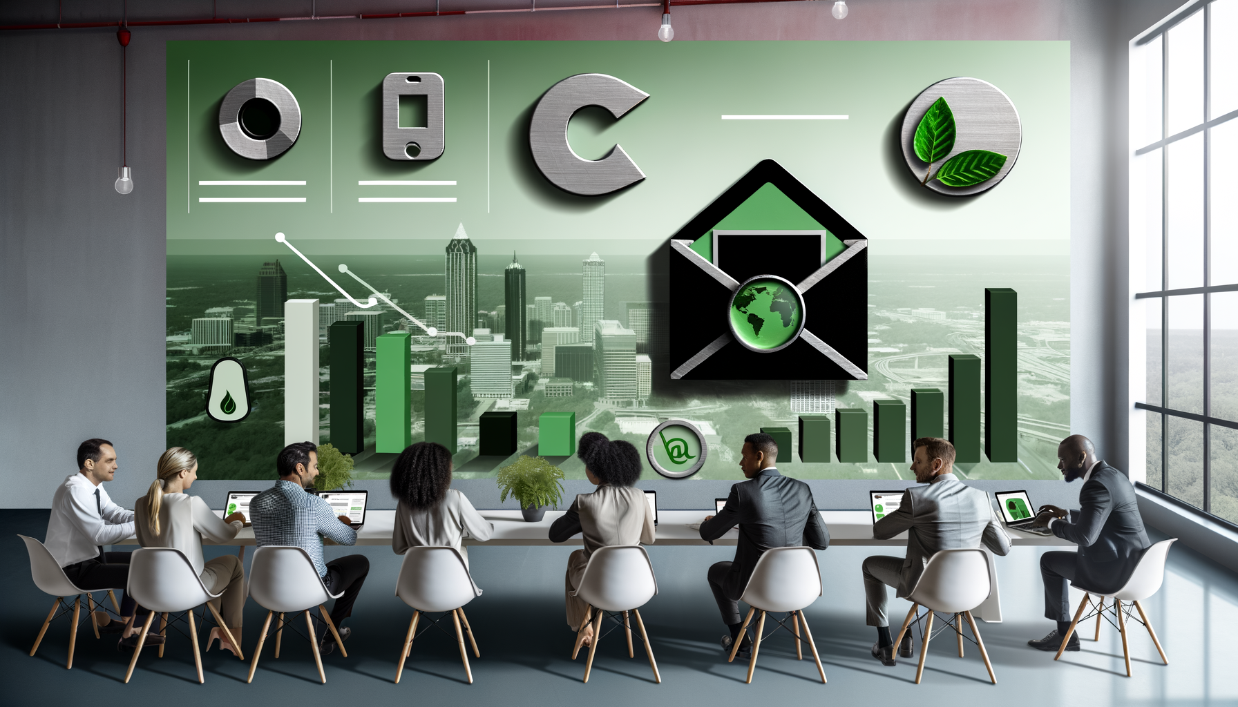 Professional Eco-Friendly Email Marketing illustration showing Email icons with green leaves, Graph showing reduced carbon em