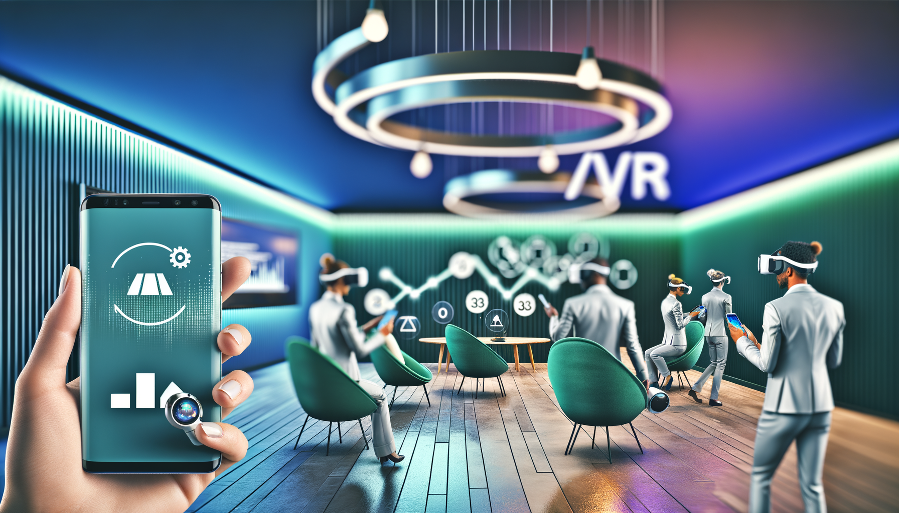 Professional Interactive Technology in Business illustration showing AR/VR headsets, Smartphones displaying AR apps related t