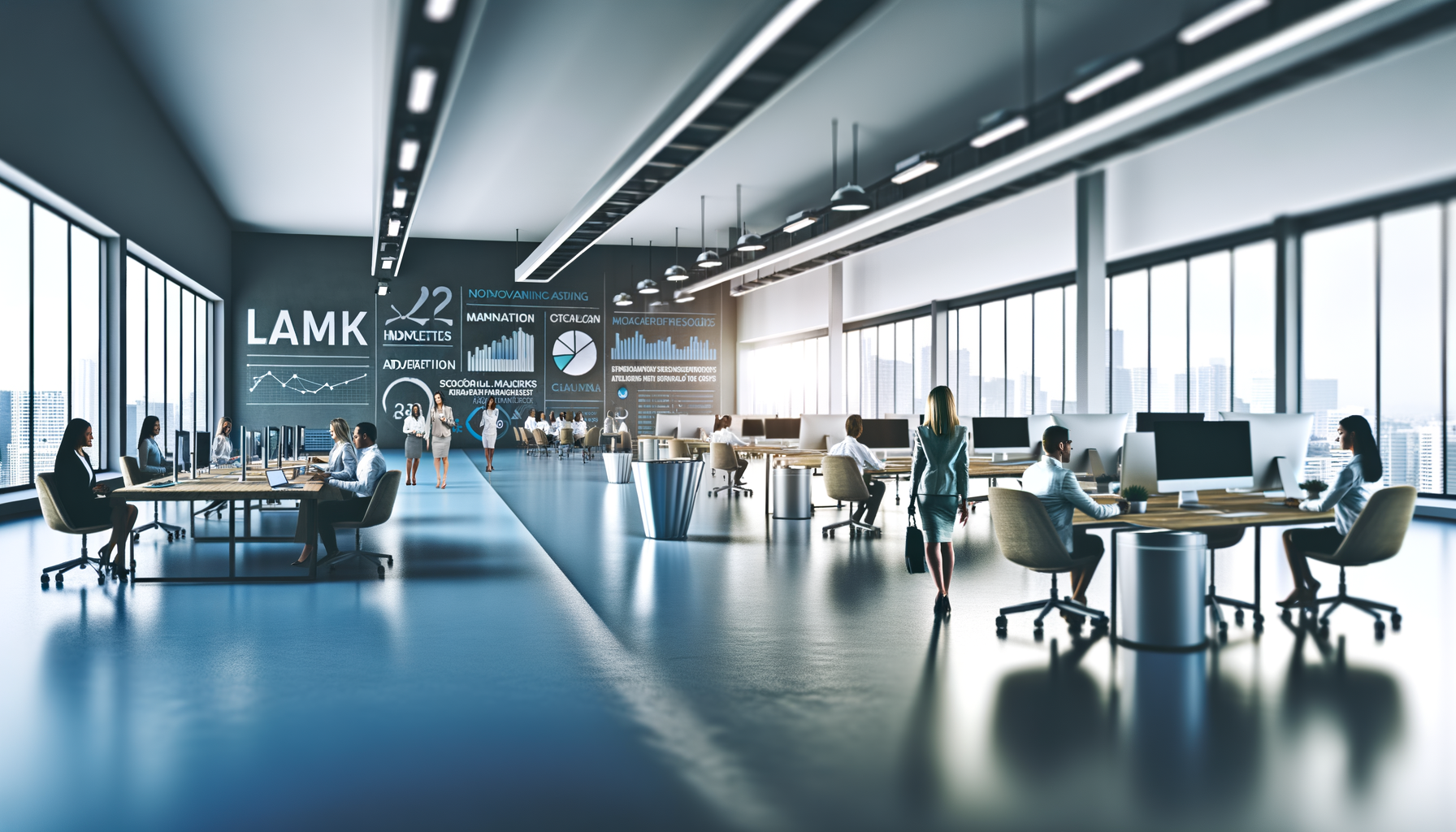 Professional AI and Marketing Technology illustration showing AI-powered systems, Marketing professionals analyzing data rela
