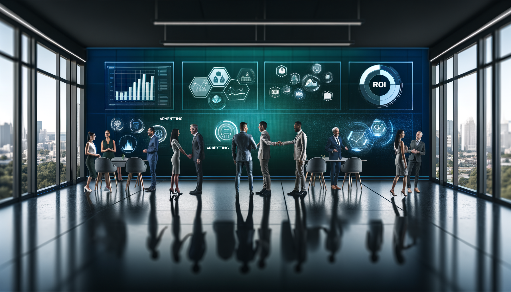 Professional Technology-Driven Business Transformation illustration showing AI-powered analytics dashboard, Marketing profess