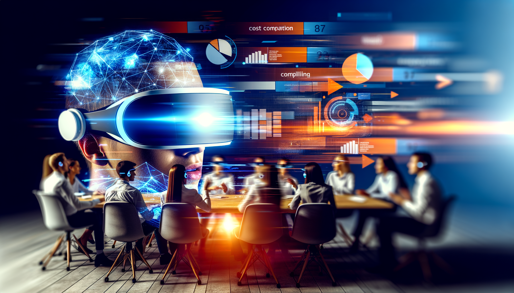 Professional AR/VR technology in startup marketing illustration showing AR glasses, startup team brainstorming related to Sma