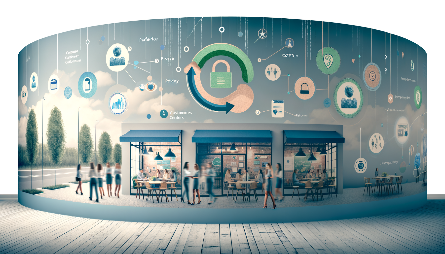 Professional Business and Technology Integration illustration showing local business settings (coffee shops, boutiques), inte