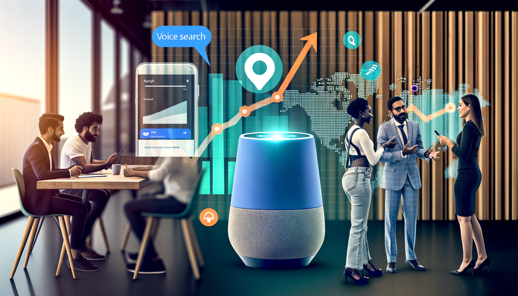 Professional Voice Search Impact on Local Businesses illustration showing Smartphones displaying voice search, Graph showcasi