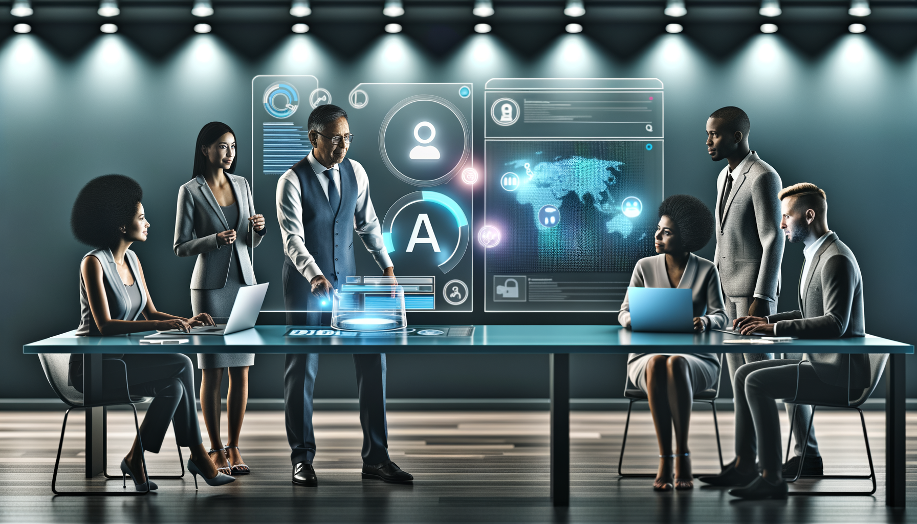 Professional Technology-driven business strategy illustration showing AI interface with search results, Small business owners