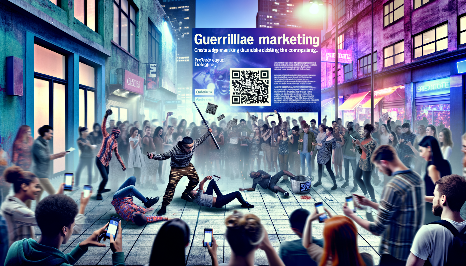 Professional Guerrilla Marketing in Action illustration showing Flash mob performing in a public space, QR codes being scanne