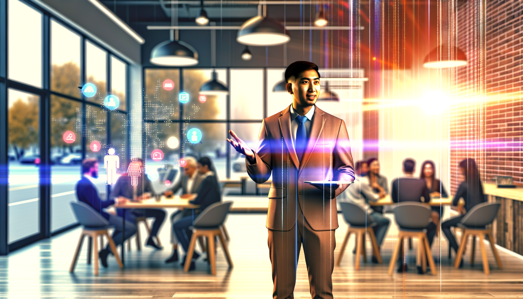 Professional Community Building through Technology illustration showing Digital town hall setting, Local business owner inter