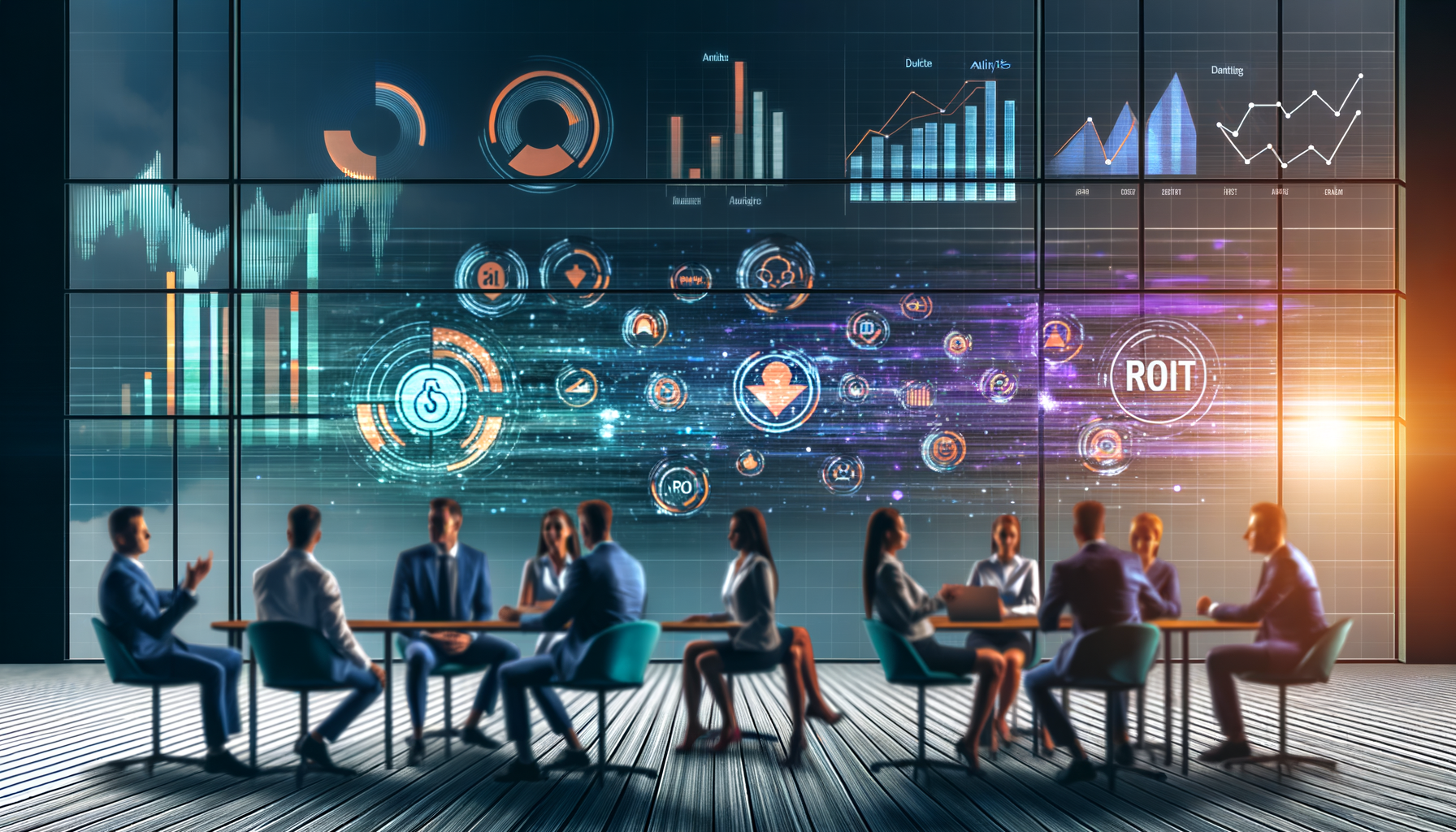 Professional Business and Technology Integration illustration showing Graphs and Charts showing ROI, People using social medi