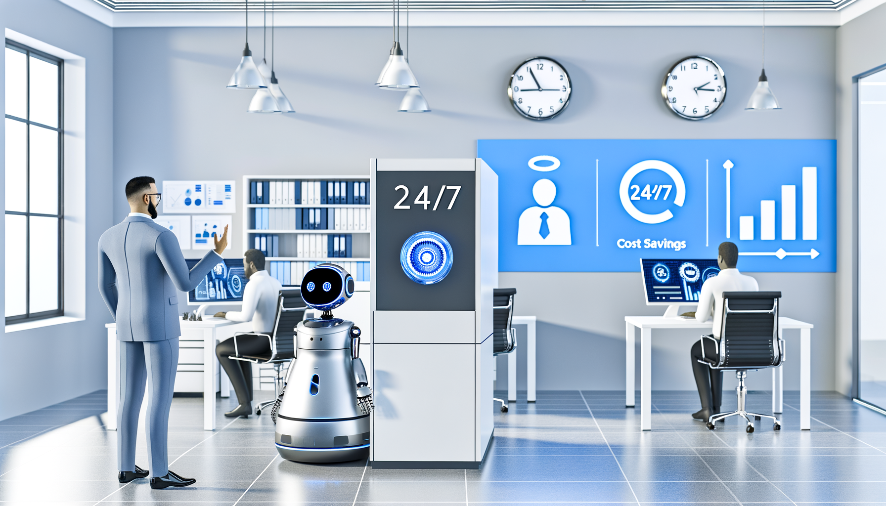 Professional AI in Customer Service illustration showing AI robot interacting with customers, Small business office setting r