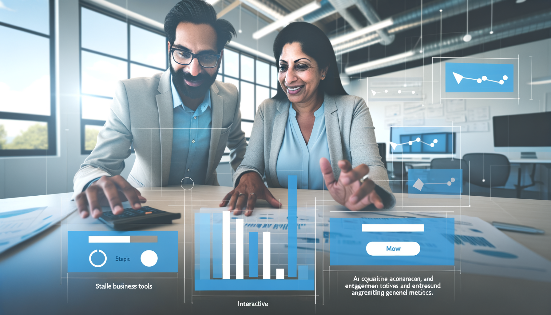 Professional Interactive Business Tools illustration showing Dynamic website interface, Interactive tools like calculators an